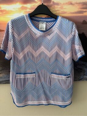 Chanel Authentic Cruise Blue/Pink/White Zigzag Pattern  Knit Top/36/ New